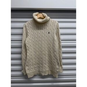 Ralph Lauren Sport Mens Small Cream Cable Knit Turtleneck Cotton Sweater Pony